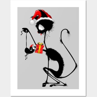 Cat Funny Christmas Santa holding a little Mouse with Gift Posters and Art